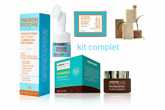 KIT COMPLET  Skincare COMPOSÉ  D’UNE MOUSSE NETTOYANT-TRIPLE-ACTION, CRÈME HYDRATANT ET UN SAVON EXFOLIANT.